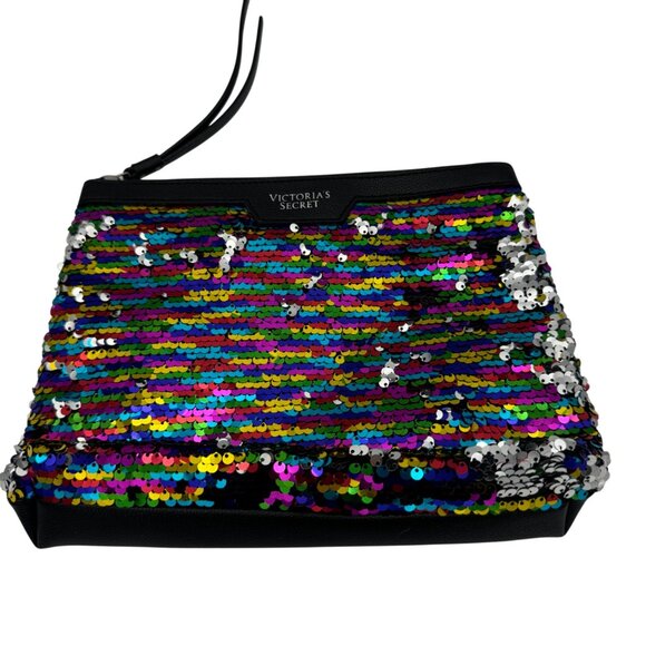 Victorias Secret Multicolor Sequin & Black Faux Leather Wristlet Clutch Bag - Picture 2 of 5